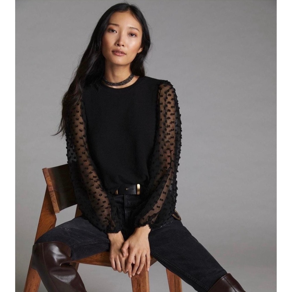 Maeve Anthropologie Black Swiss Dot Sheer Sleeve Blouse Top XS Balloon Sleeve